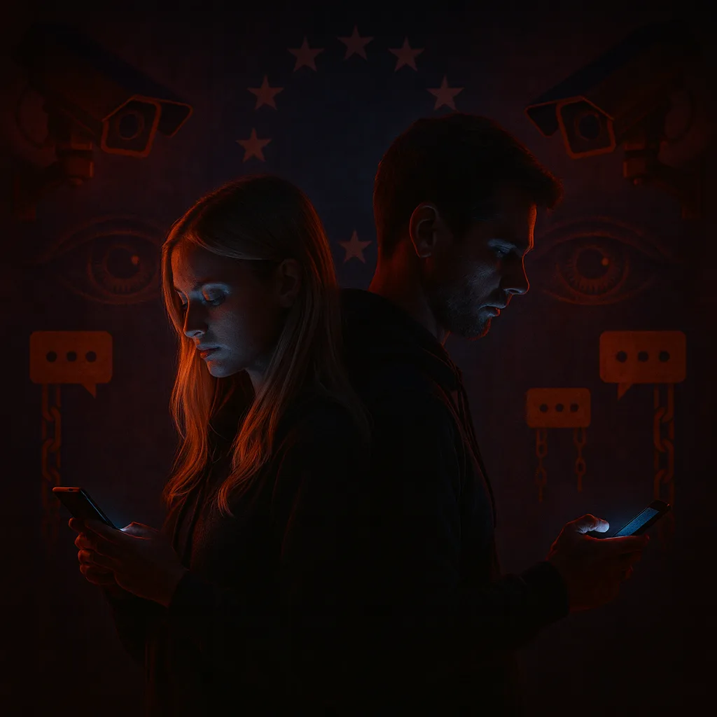 Zwei junge Menschen stehen Rücken an Rücken und blicken auf ihre Smartphones, umgeben von Überwachungskameras und digitalem Licht. Symbolbild für die zunehmende Überwachung und den Verlust von Privatsphäre in Europa durch die geplante Chatkontrolle.